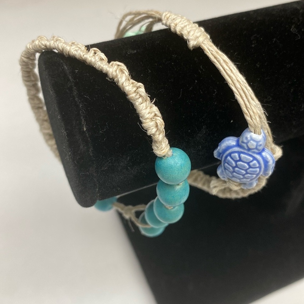 Unisex Hand Crafted Blue and Beige Macrame Turtle Beaded Bracelets